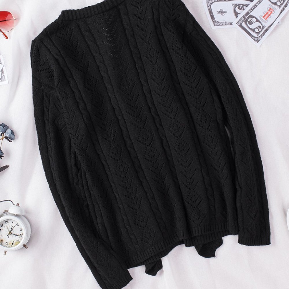 Black Ruffled Buttoned Open Front Knitted Sweater - Picture 8 of 16
